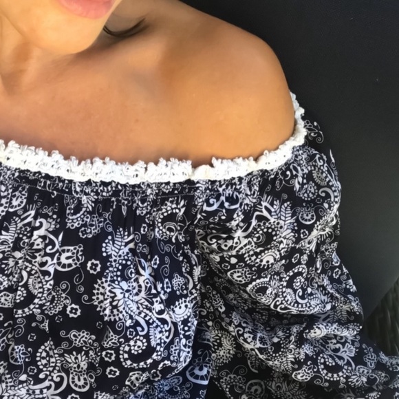 Poupette St. Barth Luxe Resort Off-Shoulder Dress In Blue/White 2 - Picture 2 of 9